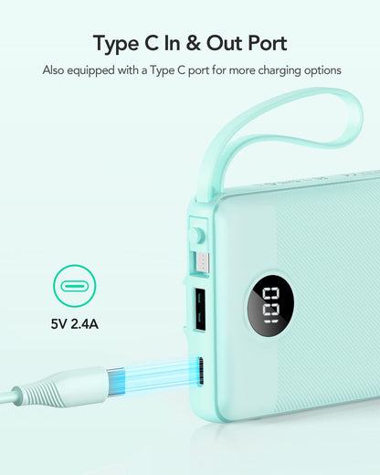 VRURC Portable Charger with Built in Cables, Slim Power Bank 10000mAh, USB C Battery Pack Travel Essential, 5 Outputs 2 Inputs Phone Charging Bank for iPhone 16 15 14 13,Samsung,Android-Black(1 Pack)