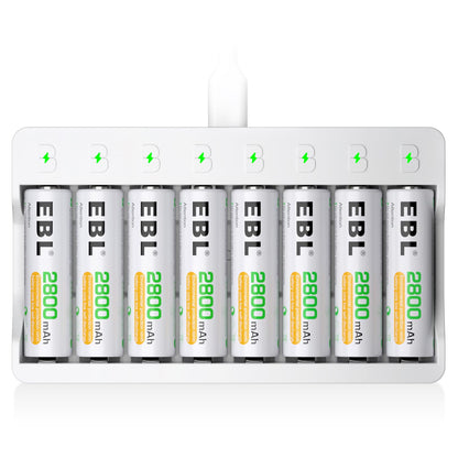 EBL Rechargeable AA Batteries 8 Pack, Ni-MH 2800mAh Double A Battery and 8-Bay AA AAA Individual USB Battery Charger for NIMH NiCd Battery