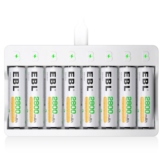 EBL Rechargeable AA Batteries 8 Pack, Ni-MH 2800mAh Double A Battery and 8-Bay AA AAA Individual USB Battery Charger for NIMH NiCd Battery