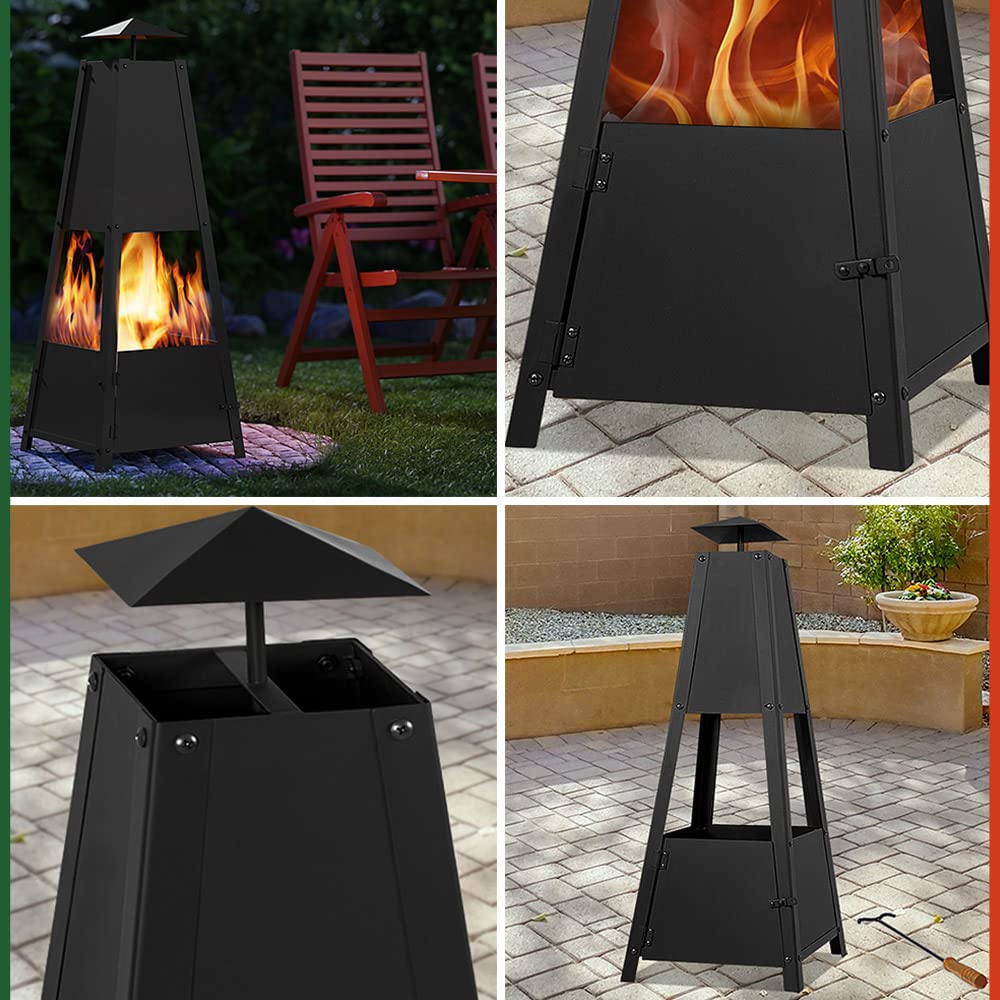 GARDEBRUK® Pyramid Fire Pit | Smoke Outlet | Garden Patio Heater with Lockable Door | Firm Stand | Wood Charcoal Fire Basket Chimenea with Poker | 102cm / 40' | 5kg | Black
