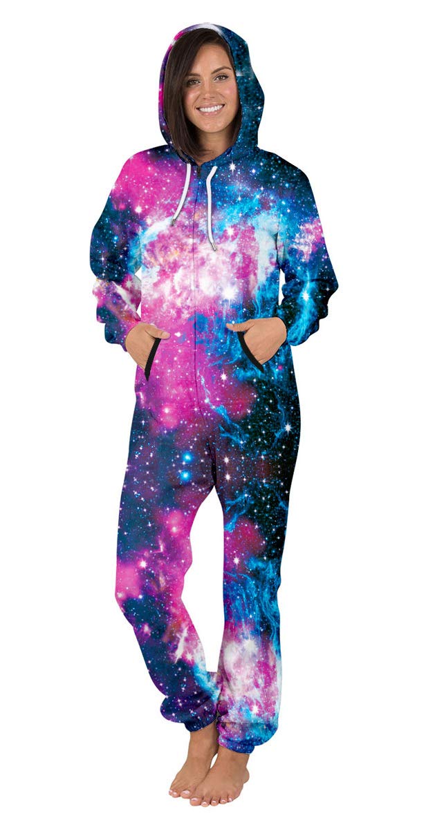 Nawoshow Womens Zip-up 3D Pattern Long Sleeve Playsuit Jumpsuit Onesie (Galaxy, L/XL)