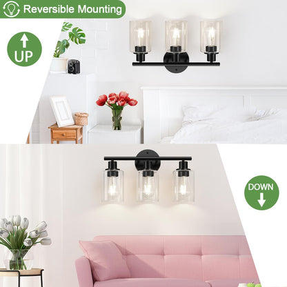 ZASTION 3-Light Bathroom Light Fixtures, Black Bathroom Wall Lights, Modern Bathroom Vanity Light with Clear Glass Shade, Bathroom Wall Lamp for Mirror Kitchen Bedroom Living Room