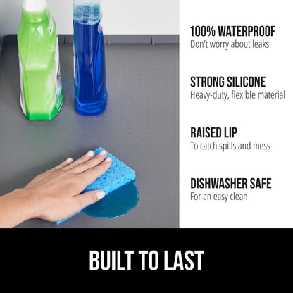 GORILLA GRIP Waterproof Silicone Under Sink Mat with Raised Lip for Kitchen and Bathroom, 34 x 22 in, Cabinet Shelf Liner Stay in Place Mats Dishwasher Safe Drawer Liner, Organizer Tray, Gray