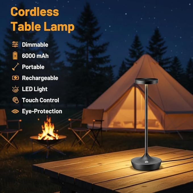 Cordless Table Lamp Rechargeable - 6000mAh LED Battery Operated Table Light - Portable Touch Dimmable Outdoor Waterproof Table Lamps for Patio Restaurant Dining (2 Black)