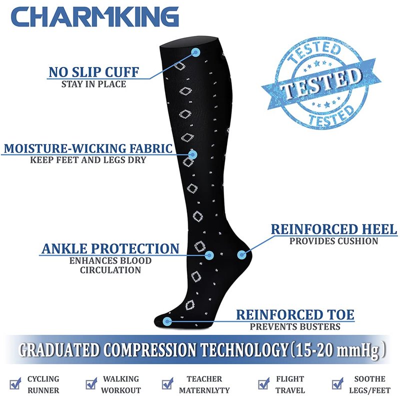 CHARMKING Compression Socks for Women & Men (8 Pairs) 15-20 mmHg Graduated Copper Support Calf Socks are Best for Pregnant, Nurses - Boost Performance, Circulation, Knee High Wide Calf(S/M, Multi 17)
