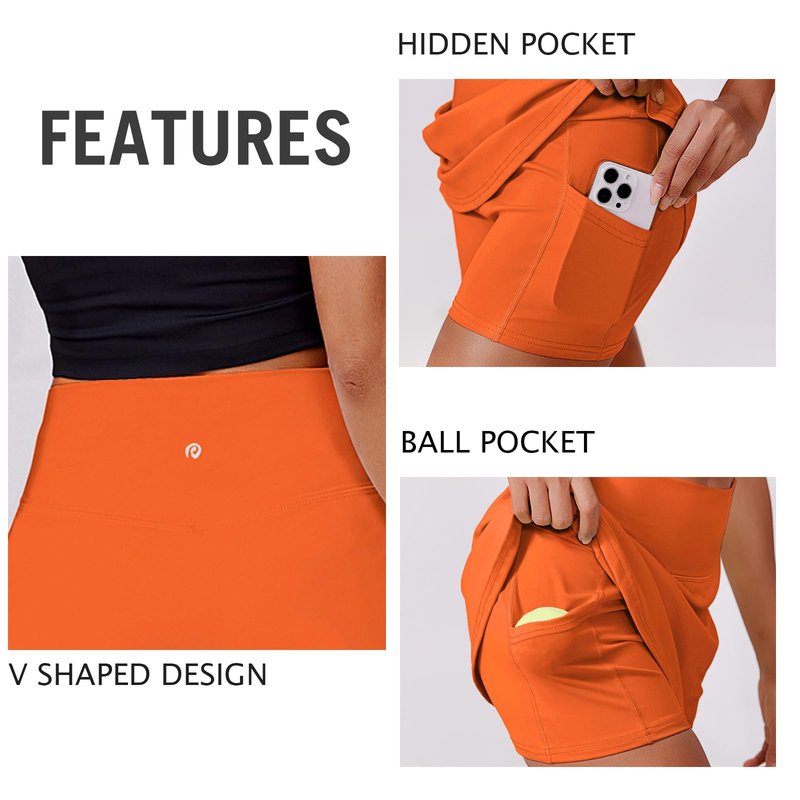PINSPARK Tennis Skirts for Women High Waisted Athletic Skirt Quick Dry Golf Skort Lightweight Workout Skorts with Pockets Shorts, Orange Small