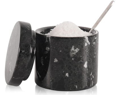 SPESHSTONES Marble Salt Cellar with Lid and Spoon 3 Inch Handmade Black Small Seasoning Containers - Decorative Spice Jars, Sugar Bowl & Flaky Salt Dish for Kitchen Countertop Storage