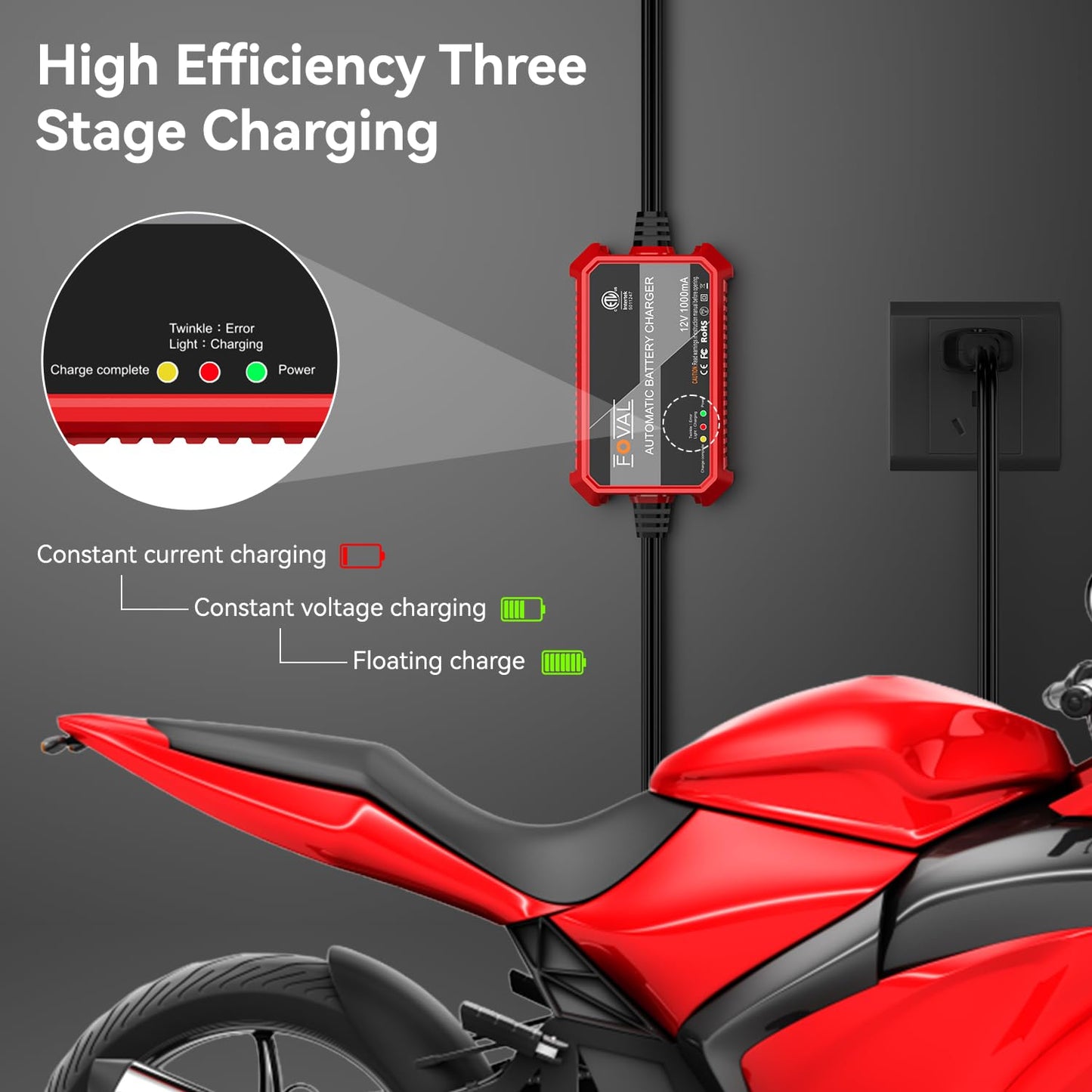 Foval Automatic Trickle Battery Charger 12V 1000mA Smart Battery Charger