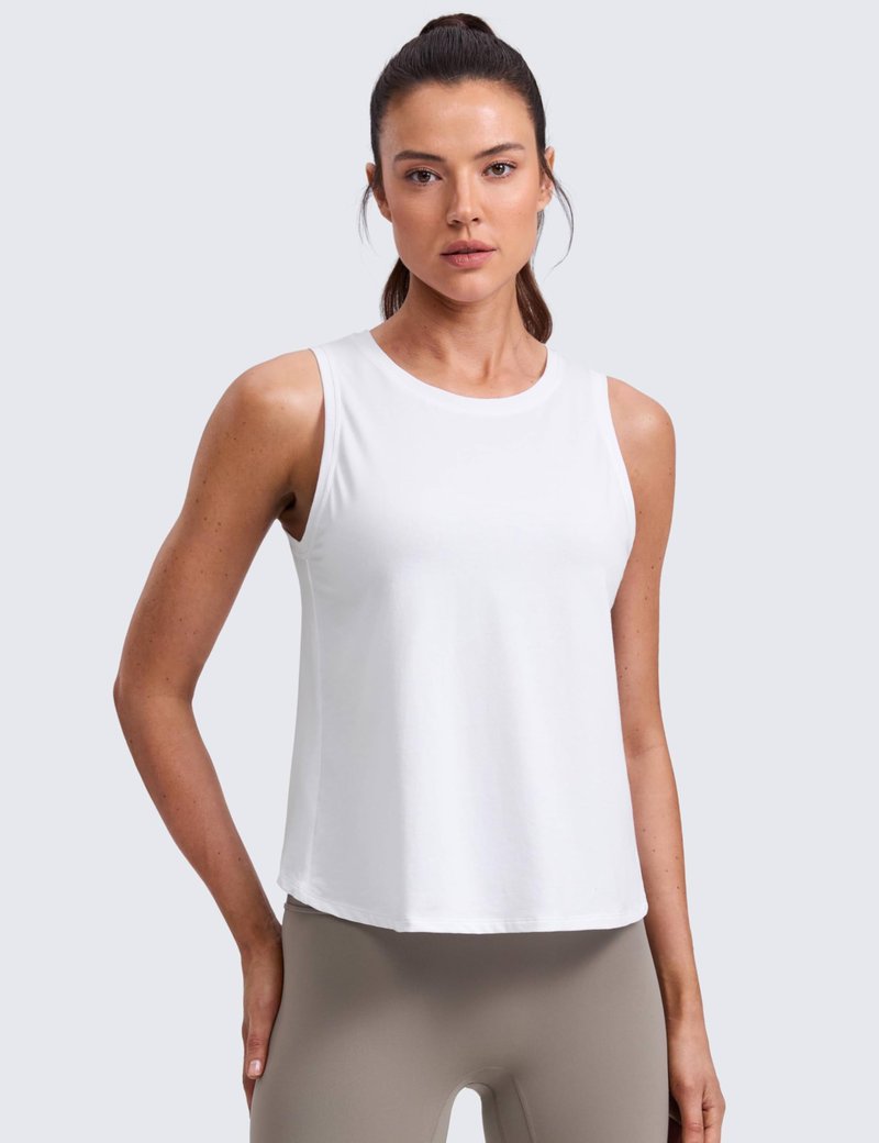 CRZ YOGA Cotton-Blend Split Open Back Tank Tops for Women - Workout Athletic Gym Casual Crewneck Sleeveless Shirts White Medium