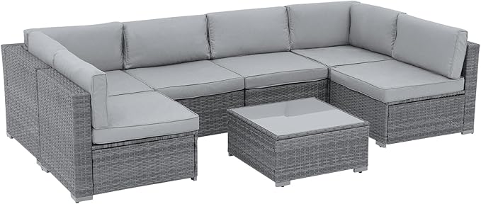Patiorama 7 Pieces Outdoor Patio Furniture Set, All Weather Grey PE Wicker Rattan Sectional Conversation Set, Porch Garden W/Built-in Glass Table, Seat Clips, Light Grey Cushions
