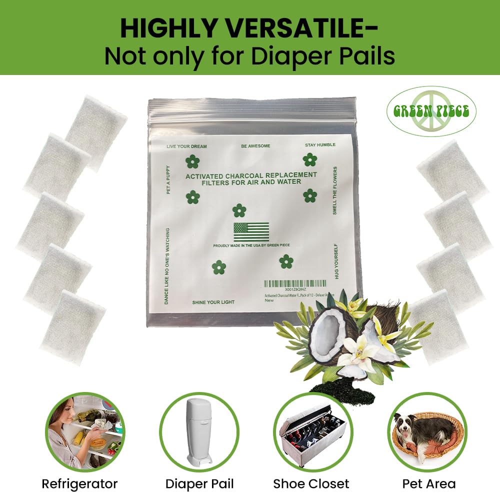 Green Piece® All-Natural Baby Diaper Pail Deodorizer - Pack of 36 - Activated Charcoal - Compatible with Diaper Pails, Shoe Closets - Made by Green Piece Mfg