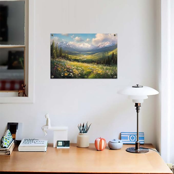 Yesad Wildflower Field Landscape Canvas Wall Art, Alpine Mountain Painting Wildflowers Pictures Poster Flower Prints Vintage Nature Wall Décor for Living Room, Bedroom (Unframed,24”x16”,Wildflower4)