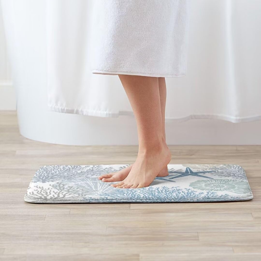 Coastal Beach Bath Mats for Bathroom,Nautical Ocean Seashells Starfish Absorbent Bath Rug Non-Slip Floor Rug Carpets Door Mat Washable Area Rugs for Bathroom Laundry Bedroom Living Room Kitchen,Blue
