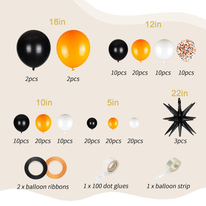 161pcs Black White Orange Balloons Arch Kit,Black Orange With 3pcs Starburst Foil Balloons for Birthday Graduation Halloween Thanksgiving Day Party Decorations