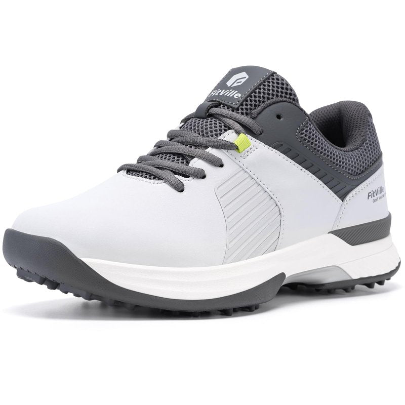 FitVille Wide Men's Golf Shoes Waterproof, Professional Outdoor Spiked Golf Shoes for Men with Arch Support(Misty Gray, 10 Wide)