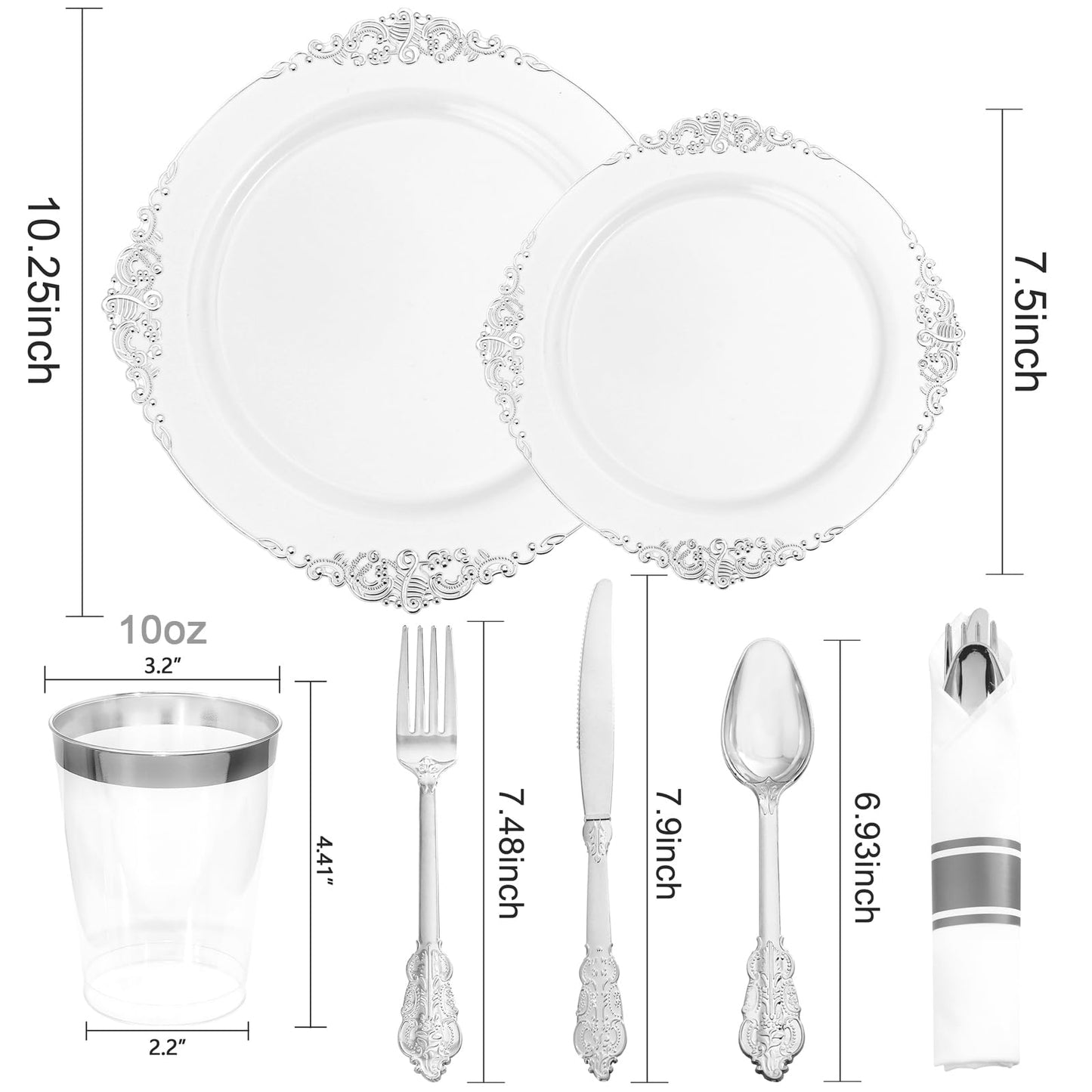 Hioasis 210pcs White and Silver Plastic Plates - Elegant Disposable Dinnerware Set Suitable for 30 Guests Include 10.25 Dinner & 7.5 Dessert Plates, Pre Rolled Silverware Set, Cups for Party & Wedding
