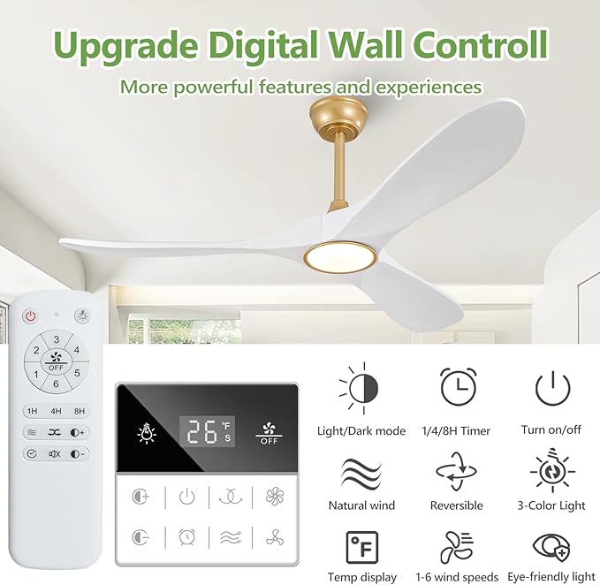 52 Inch Ceiling Fans with Lights and Remote, Dimmable 3 Blade Wood Outdoor Ceiling Fan for Patios Low Profile Modern Ceiling Fan with Light for Bedroom Living Room Indoor Gold White