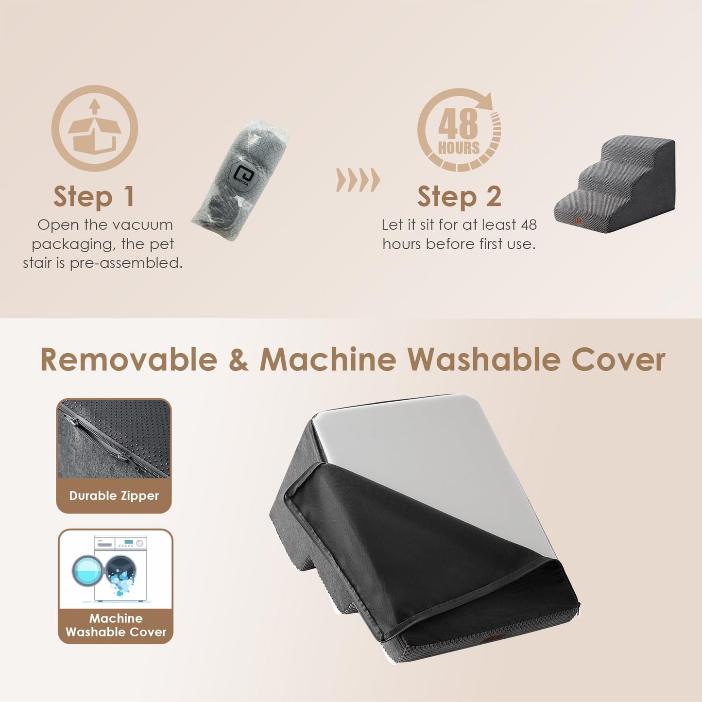 EHEYCIGA Curved Dog Steps for Bed, 3-Step Dog Stairs for Sofa, High Density Foam Pet Steps for Small Dogs and Cats, Pet Stairs for Couch, Non-Slip Dog Ramp with Washable Cover, 40x57x40cm, Dark Gray