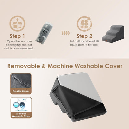 EHEYCIGA Curved Dog Steps for Bed, 3-Step Dog Stairs for Sofa, High Density Foam Pet Steps for Small Dogs and Cats, Pet Stairs for Couch, Non-Slip Dog Ramp with Washable Cover, 40x57x40cm, Dark Gray