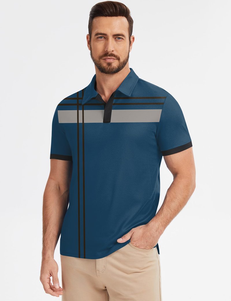 Poriff Mens Golf Shirts Short Sleeve Moisture Wicking Performance Quick Fit Casual Collared Golf Polo Shirt for Men Blue Print L