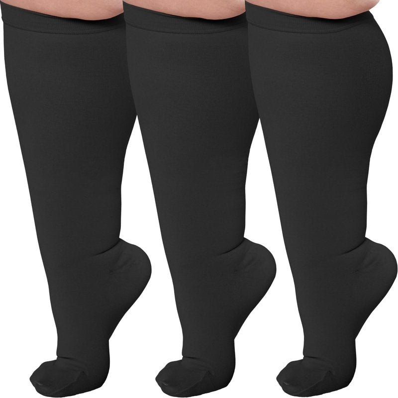 (3 Pairs) Plus Size Compression Socks for Women and Men 15-20mmHg - Wide Calf Compression Support Socks for Nurse, Travel, Flight, Airplain, Work, Running, Sports, Workout - Black, 6X-Large