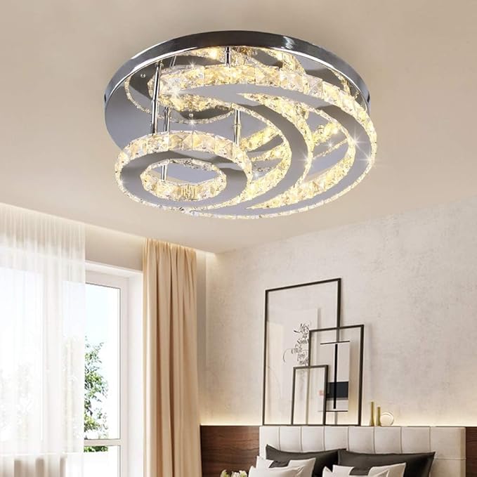 CXGLEAMING 15.7" Modern LED Ceiling Light Flush Mount Crystal Chandelier Light Fixture Round Moon Shape Modern Chandeliers for Living Room Bedroom Bathroom Hallway(3 Color Changable)