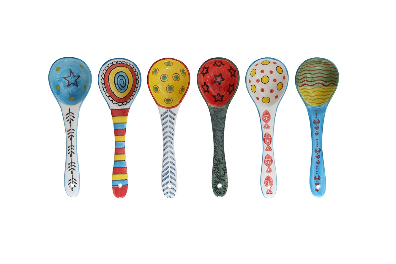 Ceramic Soup Spoons Set of 6–Mutilpurpose for Soup/Cereal/Ramen/Stews | Vibrant Design, Lead-Free & Dishwasher Safe | 6.25" Cute Decorative Spoons for Kitchen & Gifts