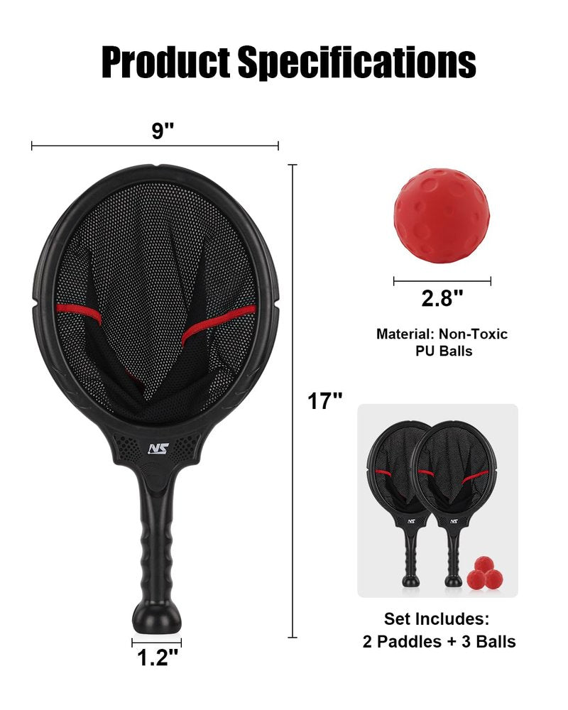 Slingshot Scoop Ball Set - Family Party Game, Play Solo or with 2 Players, Indoor & Outdoor Sports Toy for Adults & Teens, Includes 2 Netslinger Rackets, 3 Balls