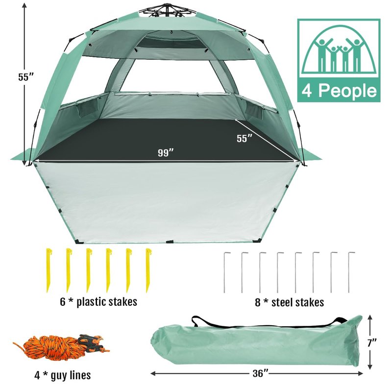 WhiteFang Deluxe XL Pop Up Beach Tent Sun Shade Shelter for 3-4 Person, UV Protection, Extendable Floor with 3 Ventilating Windows Plus Carrying Bag, Stakes, and Guy Lines (Mint Green)