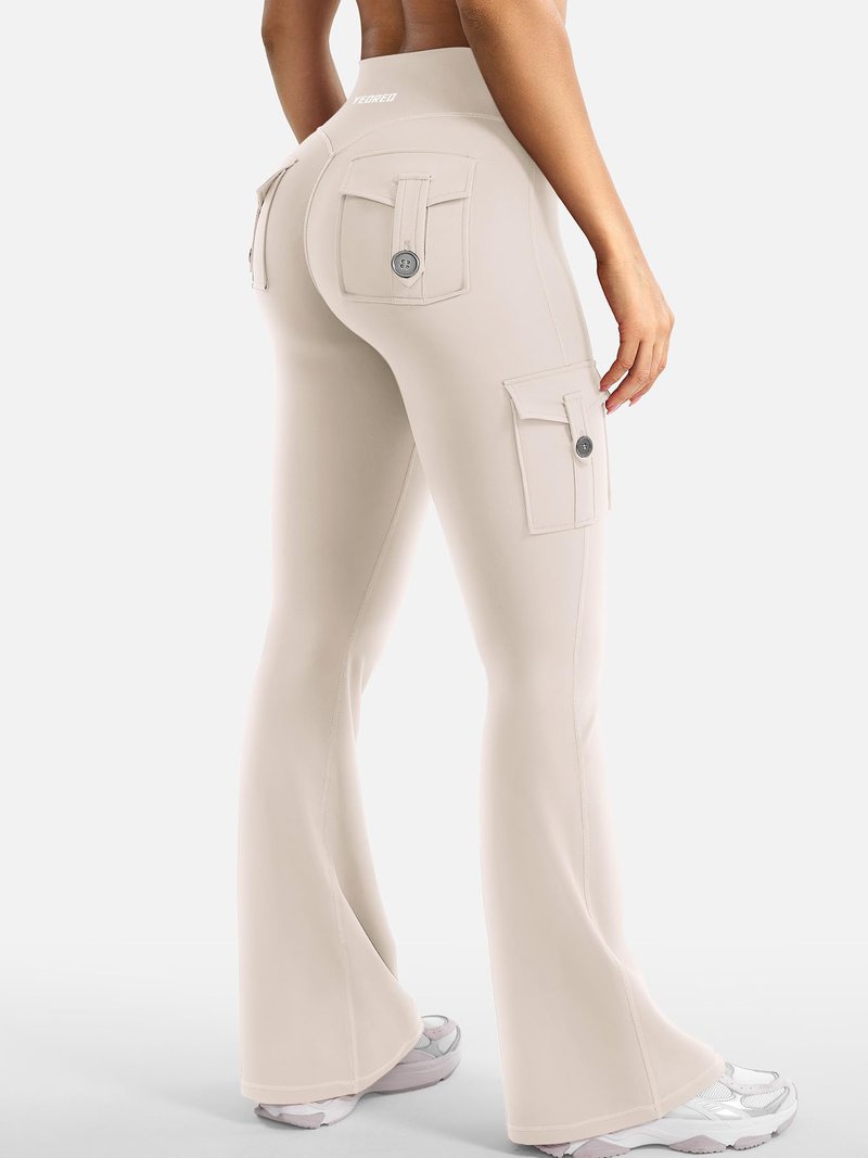 YEOREO CoreFlex Women Workout Flare Leggings with Pockets Hidden Scrunch High Waisted Cargo Gym Yoga Leggings Light Khaki XL