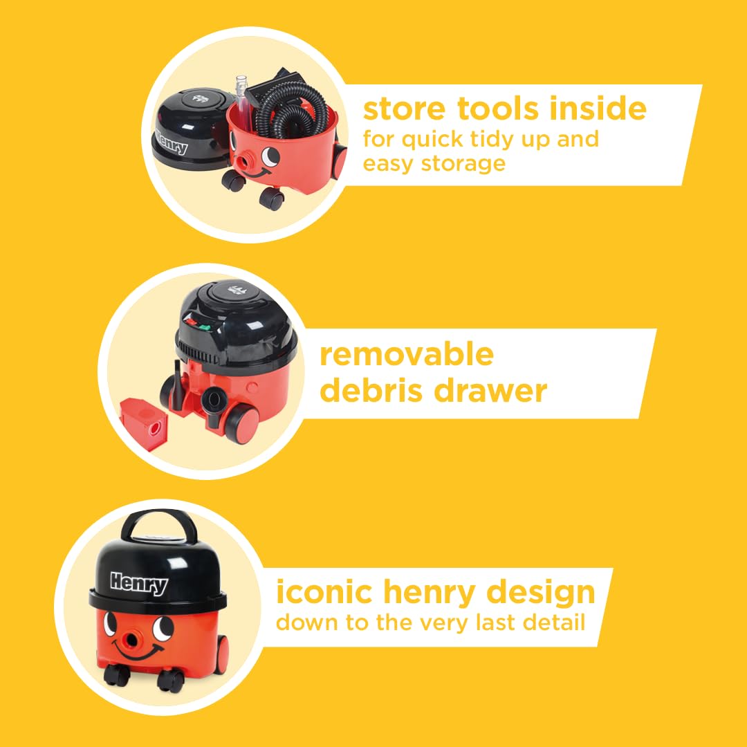 Casdon Henry & Hetty Toys - Henry Vacuum Cleaner - Red Vacuum Cleaning Toy with Real Function & Nozzle Accessories - Kids Cleaning Set - For Children Aged 3+
