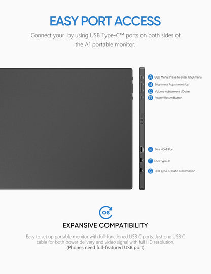 ARZOPA Portable Monitor, 15.6" 1920×1080 FHD IPS Portable Monitor for Laptop with Kickstand, Ultra-Slim Second Screen for Laptop/PC/Mac/PS3/4/5/Xbox - USB C & HDMI Connectivity - A1