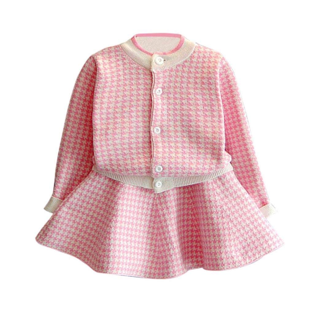 CM C&M WODRO Girls Dress, Autumn Winter Toddler Kids Plaid Knitted Sweater Dress Set Baby Girls Coat Tops+Skirt Set (Pink, Size 9 (3-4 Years))