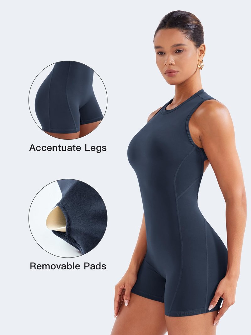 YEOREO Backless Workout Jumpsuits Women One Piece Sleeveless Jumpsuit with Pads Tessia Scrunch Butt Yoga Romper Navy L