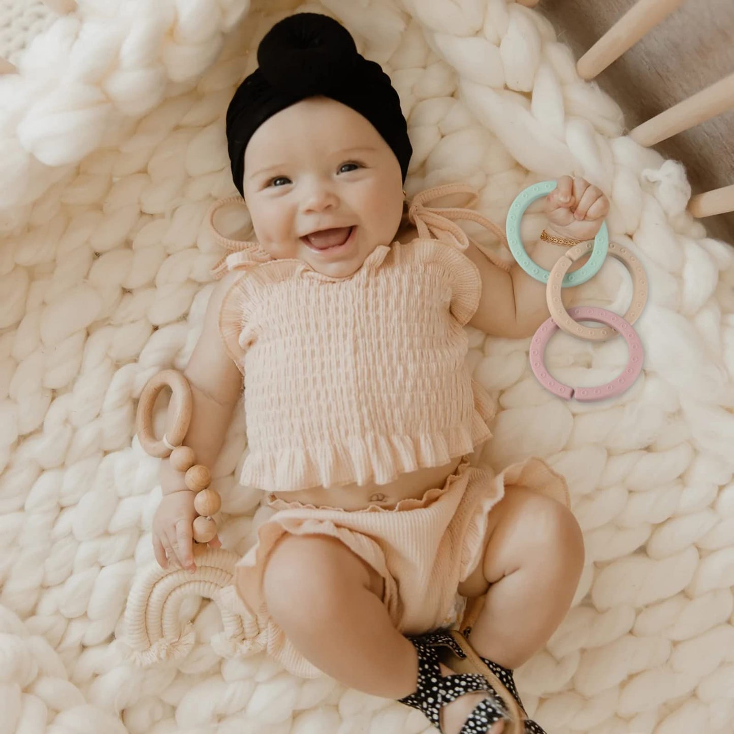 Baby Linkable Rings Set and Silicone Baby Teethers - Attach to Strollers, Car Seats & More - Food Grade Silicone, BPA & Phthalate Free (Set of 6)