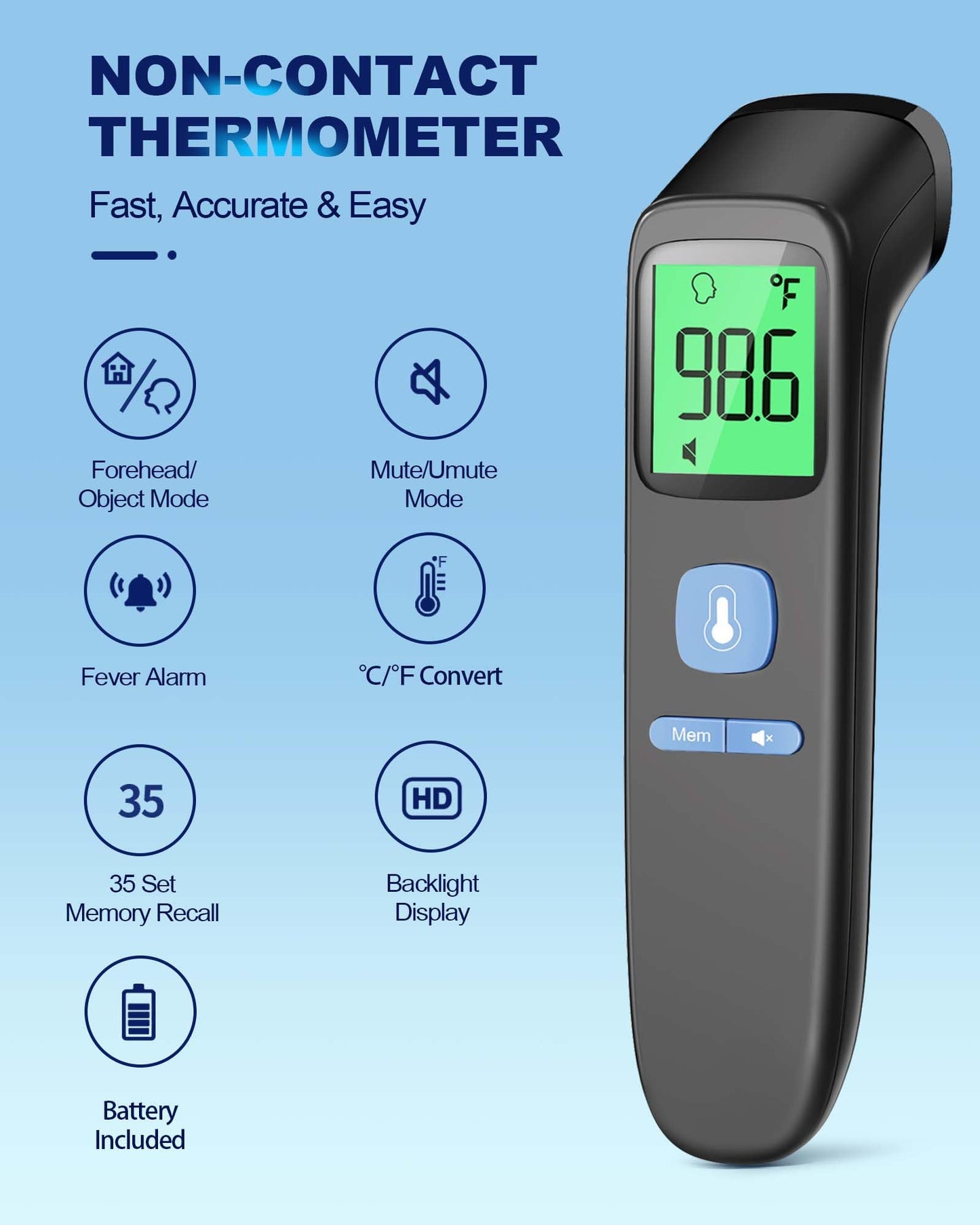 ANMEATE No-Touch Forehead Thermometer for Adults, Infrared Digital Thermometer for Kids, Touchless Baby Thermometer, Accurate Reading with Large Display, Mute Mode, Memory Recall, Fever Alarm