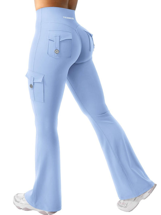 YEOREO CoreFlex Women Workout Flare Leggings with Pockets Hidden Scrunch High Waisted Cargo Gym Yoga Leggings Light Blue S