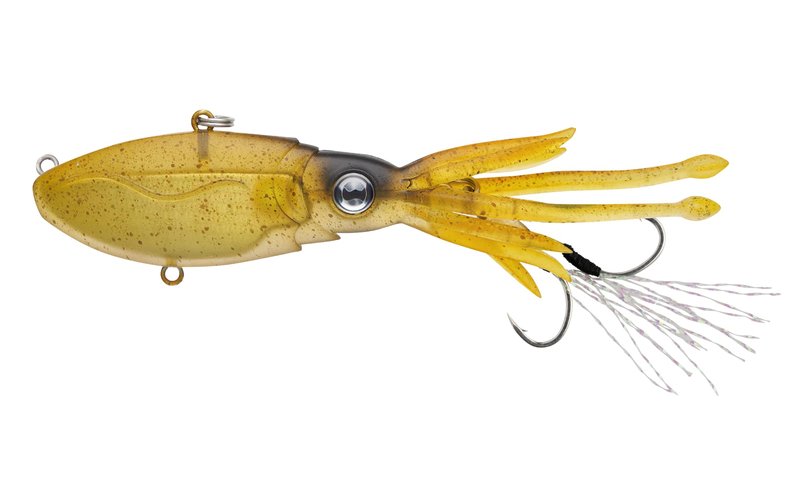 Nomad Design Squidtrex Patented Vibrating Fishing Lure- Scent Added TPE Soft Plastic Lure for Saltwater w/Strong BKK Assist Hooks, Fishing Bait that Catches Many Species, 75mm 1/2oz- Green Gold Gizzy