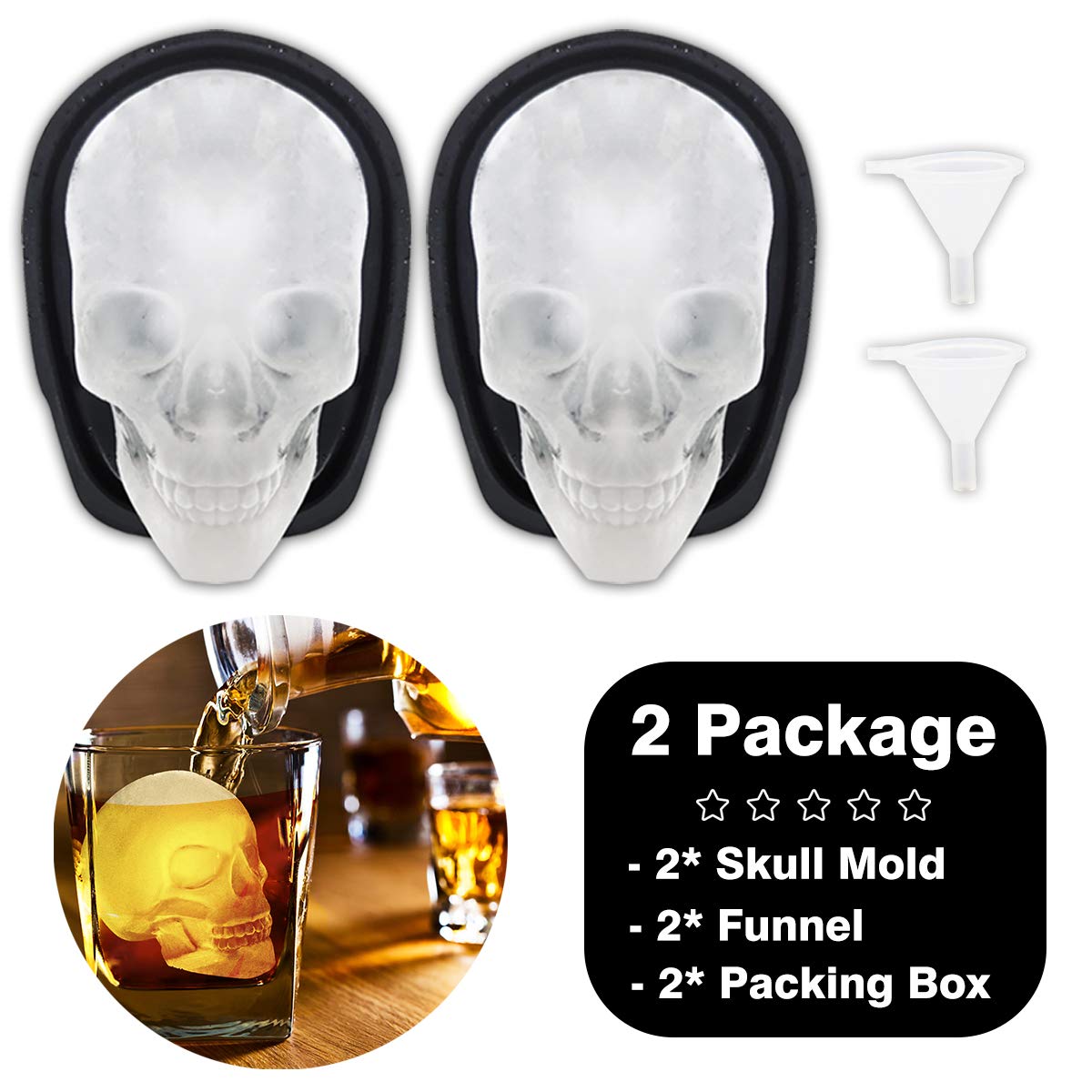 Extra Large 3D Skull Ice Cube Mold Silicone Ice Molds for Whiskey Ice Cube Trays with Funnel for Big Mouth Cup Skull Ice Maker with Resin Chocolate sugar Whiskey Ice Mold for Parties (2 PCS)
