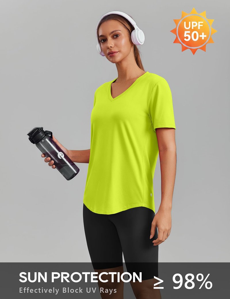 PINSPARK Tennis Shirts for Women Short Sleeve V Neck Moisture Wicking Workout Tops Quick Dry Athletic Gym Golf T-Shirts,Neon Green Large