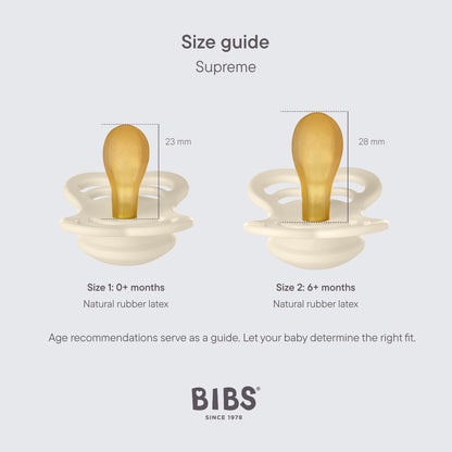 BIBS Supreme Baby Pacifier 2-Pack | Made in Denmark | BPA Free Dummy Soother, Symmetrical Nipple. Natural Rubber Latex, Size 1 (0-6 Months), Ivory / Blush