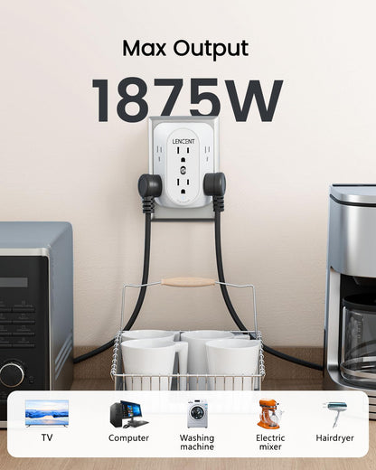 LENCENT 2 Prong Power Strip, 3 to 2 Prong Grounding Outlet Adapter 6 Outlet 1 Type C&2 USB 3.4A, Polarized Plug, 1728J Surge Protector, 3-Sided Wide Spaced Extender,Wall Mount for Non-Grounded Outlet