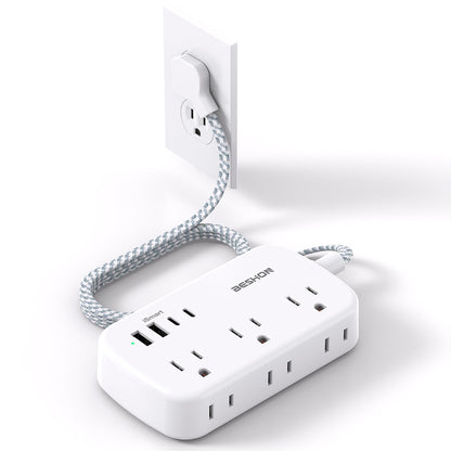 Flat Extension Cord, BESHON 5FT Flat Plug Power Strip with USB C, 6 Outlets 4 USB Port(2 USB C), No Surge Protector, Cruise Ship, Dorm Room Travel Essentials