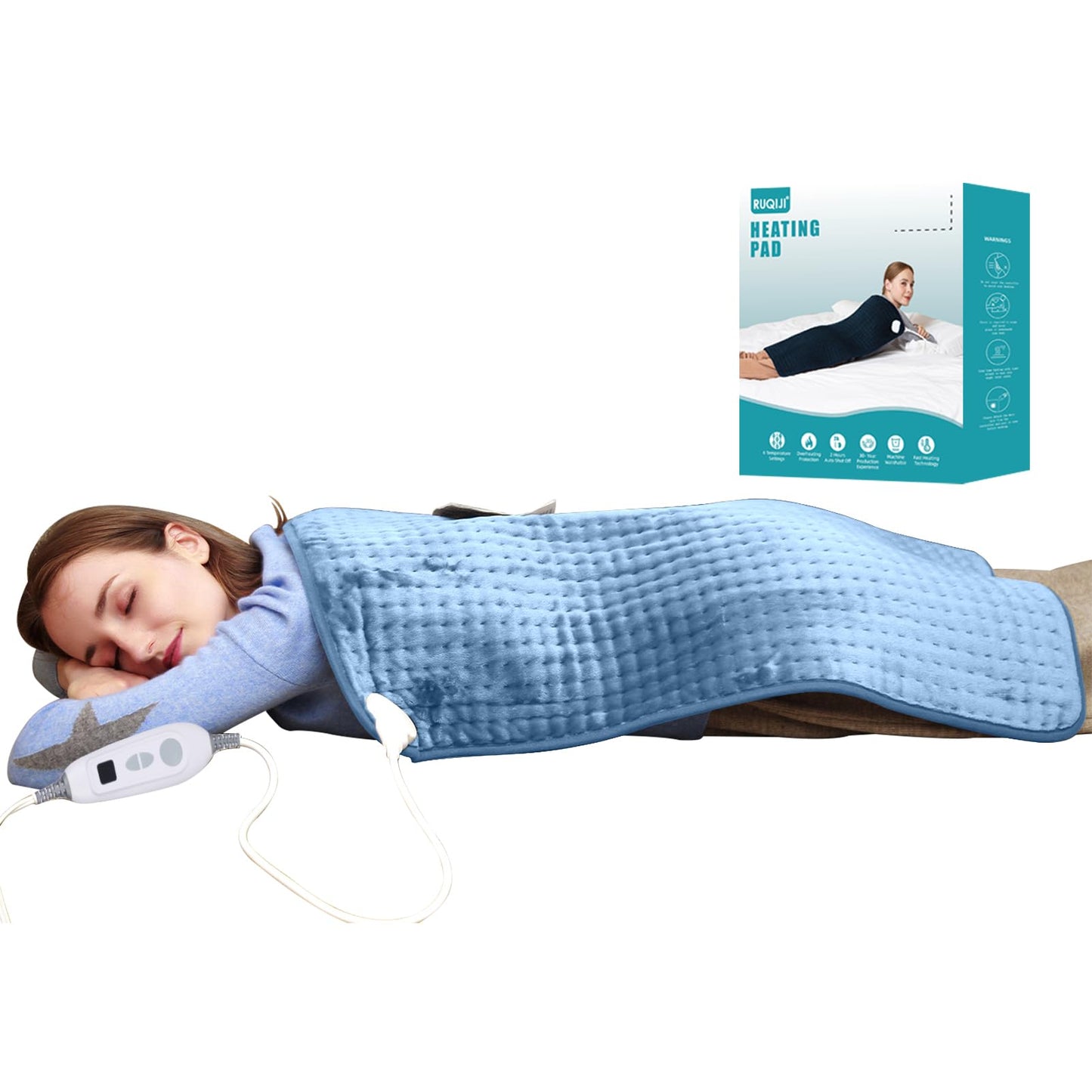 Ruqiji 17''x33'' XXXL King Size Heating Pad with 120 Minutes Auto Shut Off&6 Temperature Settings, Flannel Electric Heating Pad/Pain Relief for Back/Neck/Shoulders/Menstrual Pain/Leg Cramp (Dark Blue)