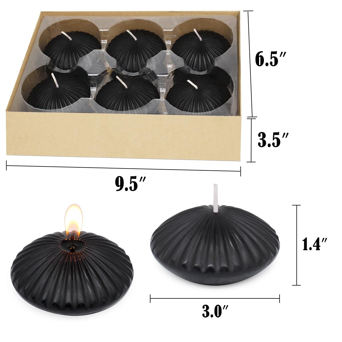 12 Pack 3 Inch Black Floating Candles, 10 Hour Unscented Dripless Tealight Candles for Cylinder Vases, Centerpieces at Wedding Party Halloween - Wavy Float Candle