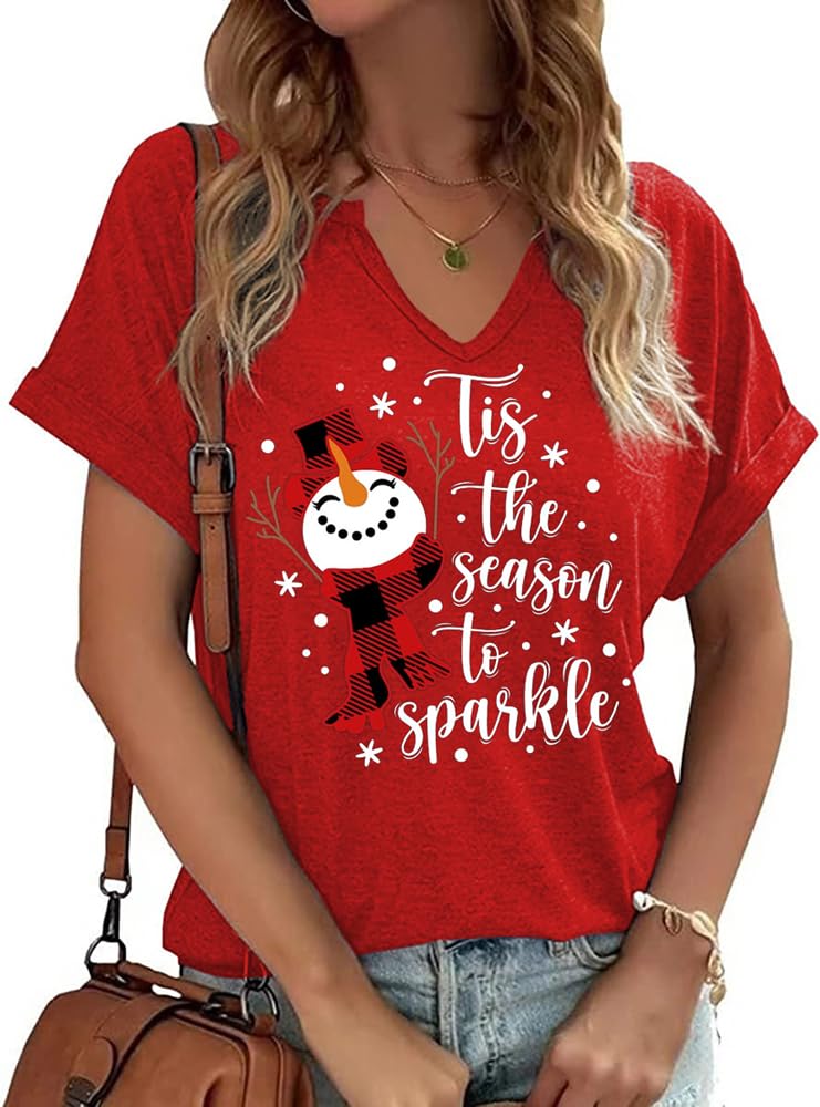 Earlymemb Womens Christmas Tis The Season to Sparkle Snowman V Neck Shirt Funny Buffalo Plaid Xmas Family Party Graphic Tee(L,X-Red-1)