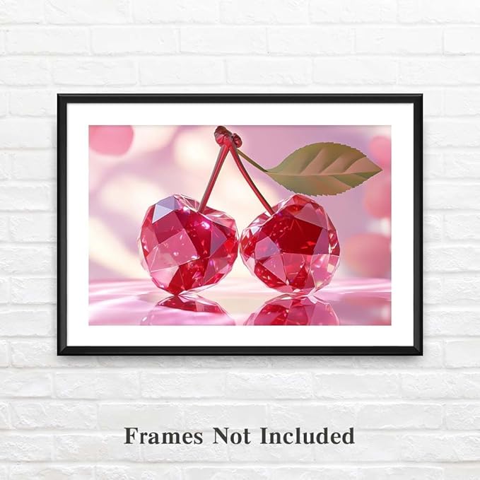 Yesad Cherries Art Print, Kitchen Wall Art Pictures Poster Pink Wall Décor for Dorm Living Room Bedroom Cabin Kitchen Wall Décor Fruits Wall Art (Unframed,24”x16”, Cherry)