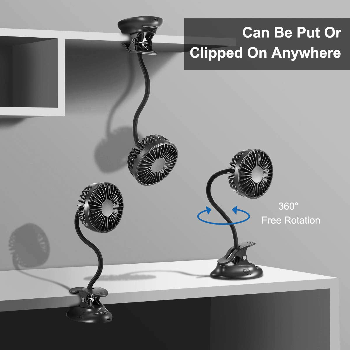 Clip On USB Mini Desk Fan with Emergency Power Bank, Battery Operated Rechargeable Portable Fan - Flexible Neck, 3 Speed Personal Cooling for Baby Stroller, Car, Camping, Office, Dorm, Beach - Black