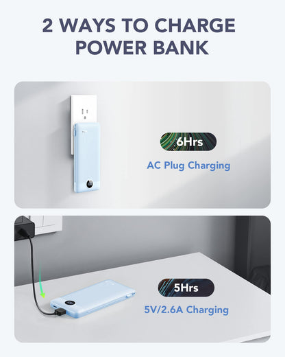 VRURC Portable Charger Built-in Cables and AC Wall Plug, USB C Power Bank 10000mAh, Travel Essentials Phone Charger Compact Lightweight External Battery Pack for Smart Phones, Tablets etc-Pink