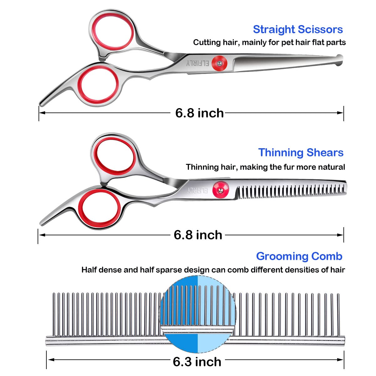 Elfirly Professional Dog Grooming Scissors Kit Stainless Steel Round Tip Cutting Curved Scissors Thinning Shears for Hair Trimming with Extra Dog Nail Clippers & Grooming Comb for Pets